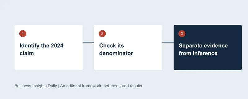 Decision sequence: Identify the 2024 claim, then Check its denominator, then Separate evidence from inference. Original editorial diagram, not measured data.