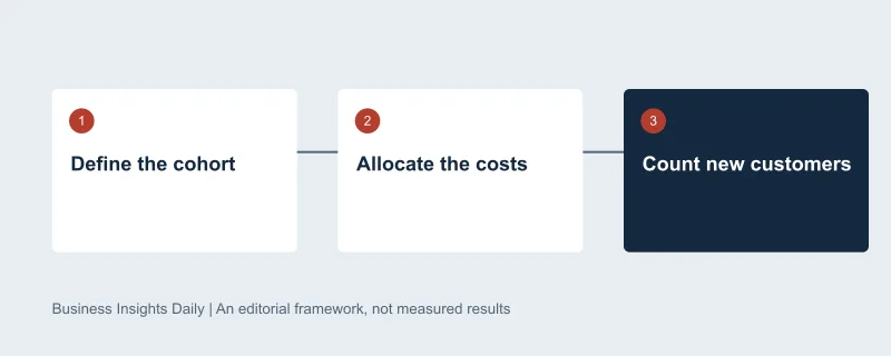 Decision sequence: Define the cohort, then Allocate the costs, then Count new customers. Original editorial diagram, not measured data.