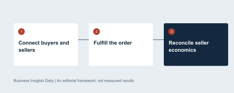 Decision sequence: Connect buyers and sellers, then Fulfill the order, then Reconcile seller economics. Original editorial diagram, not measured data.