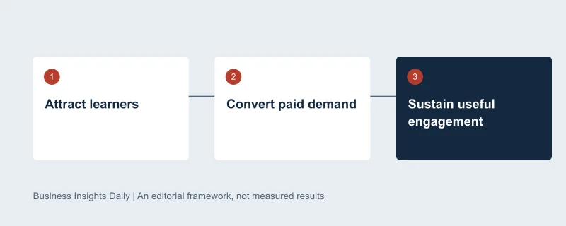 Decision sequence: Attract learners, then Convert paid demand, then Sustain useful engagement. Original editorial diagram, not measured data.
