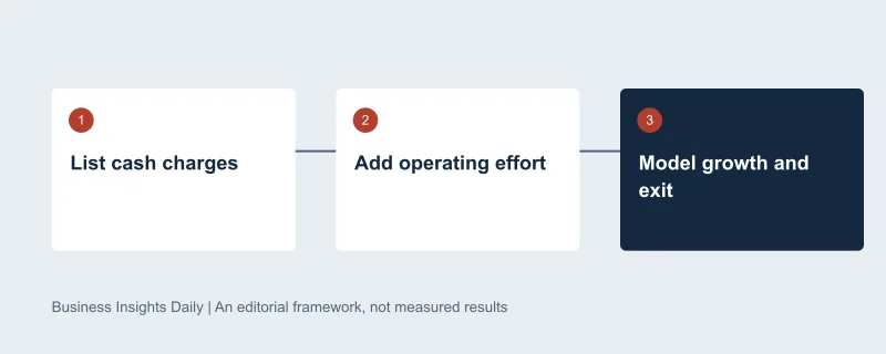 Decision sequence: List cash charges, then Add operating effort, then Model growth and exit. Original editorial diagram, not measured data.