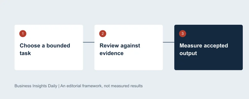 Decision sequence: Choose a bounded task, then Review against evidence, then Measure accepted output. Original editorial diagram, not measured data.