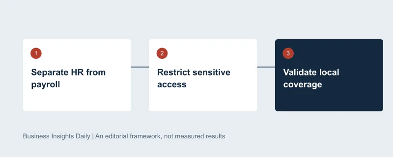 Decision sequence: Separate HR from payroll, then Restrict sensitive access, then Validate local coverage. Original editorial diagram, not measured data.